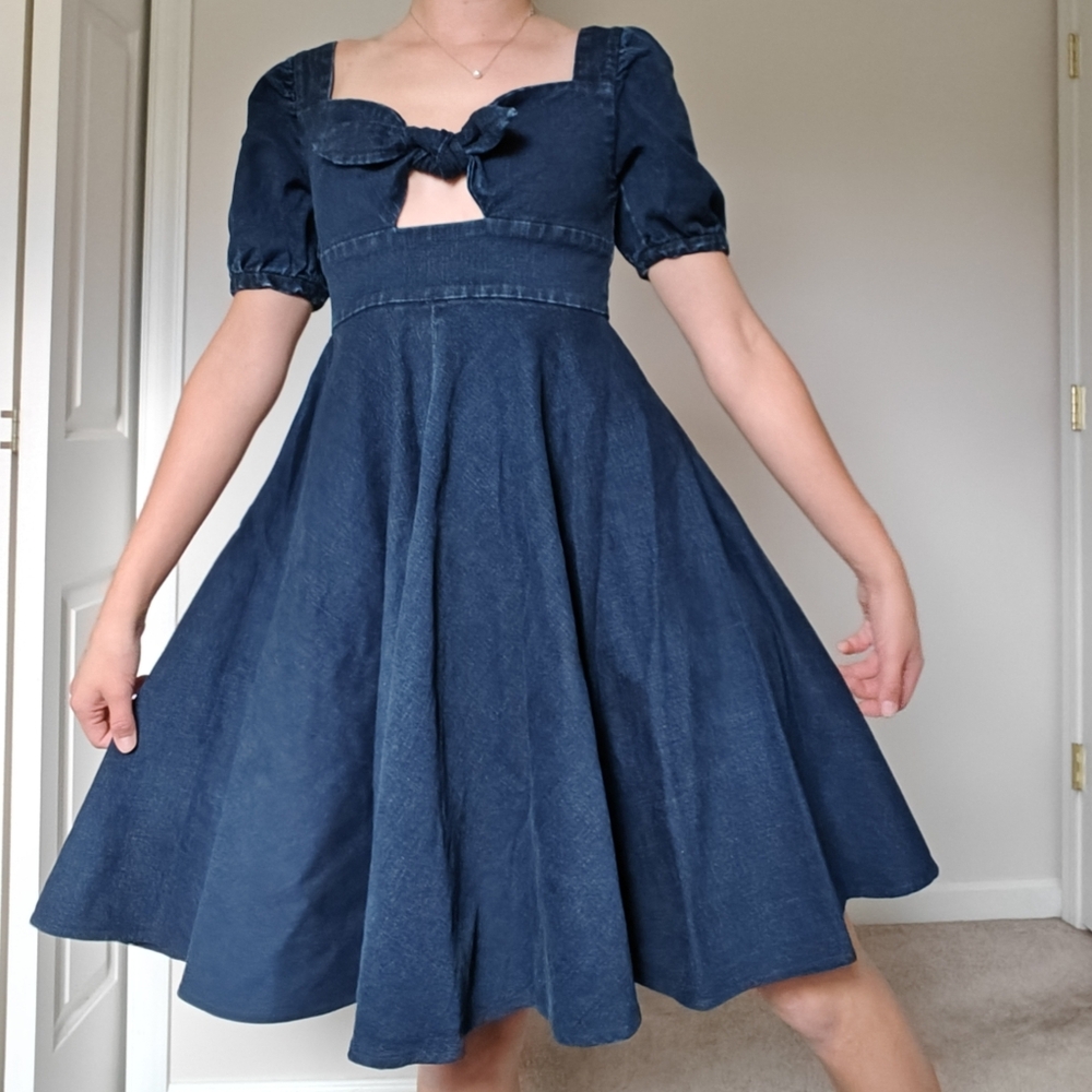 Rachel Antonoff Denim Dress Knee Length Midi Keyhole Wedding Guest Puff Sleeve